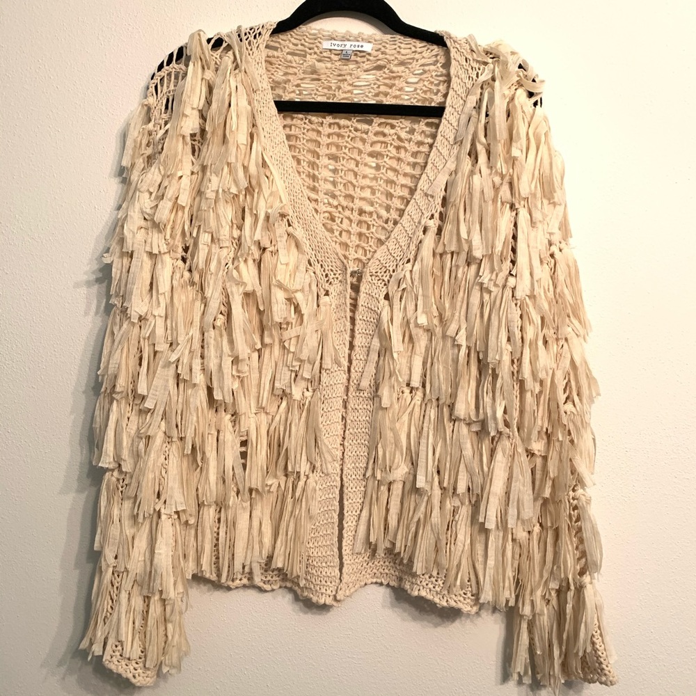 Ivory Rose fringe sweater jacket